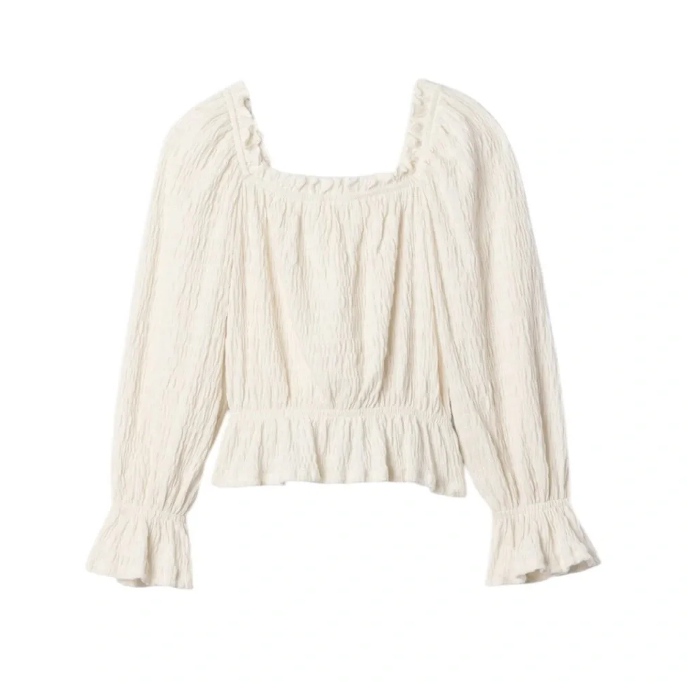 Gap Kids Crinkle Peplum Top Size 8 Ivory Long Sleeve Shirt Peasant stretch